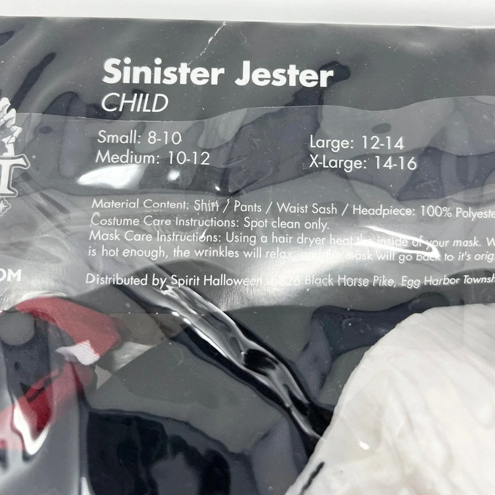 Spirit Halloween Sinister Jester Costume Black Red Evil Clown Mask Youth XL 14‎